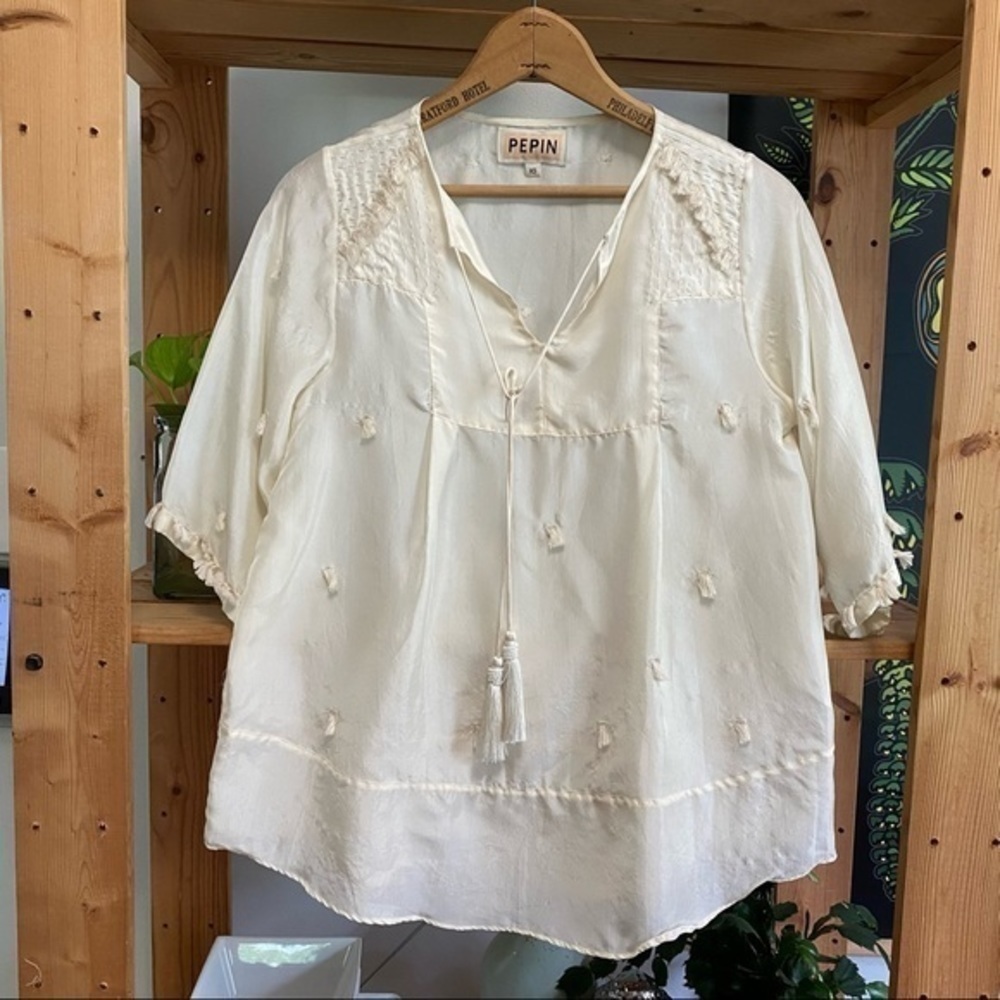 Anthropologie Pepin Cream Crinkled Silk Tassel Blouse Top XS - Picture 4 of 15